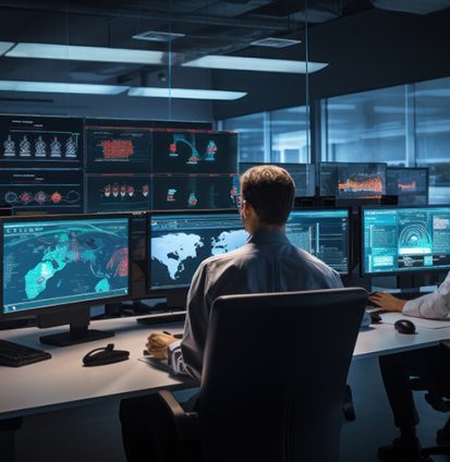 Network operations center ( NOC) with technicians monitoring net Network operations center ( NOC) with technicians monitoring net